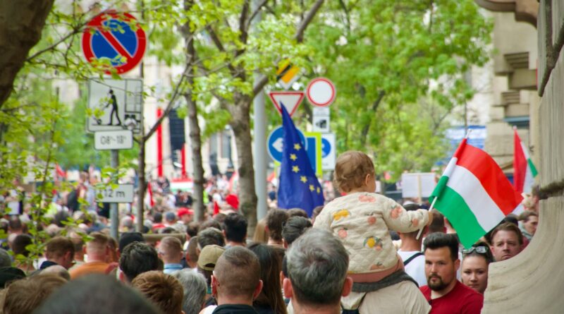 a crowd of people walking down a street