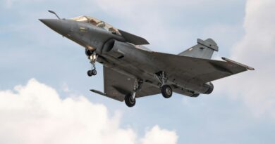 a fighter jet flying through a cloudy blue sky